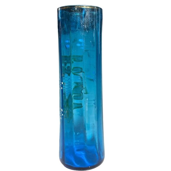 Rare Vintage Hand Painted Blue and Gold Enameled Glass Bud Vase - Picture 4 of 8